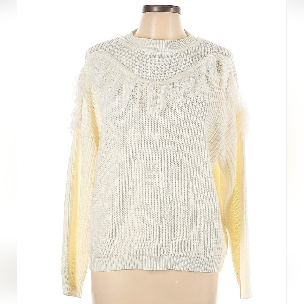 Pink Lily Ivory White Knit Sweater With Sholder Fringe details - Large - Womens